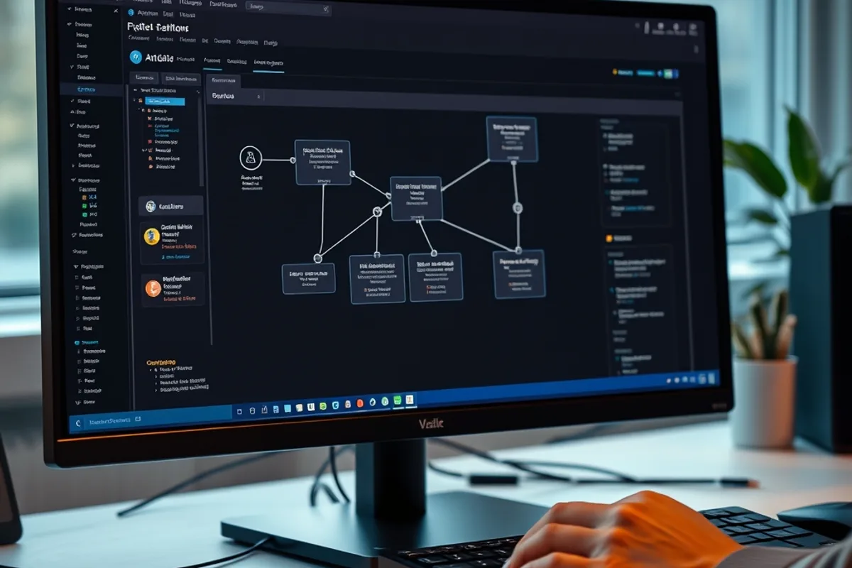 Large monitor showing an abstract automation workflow with connected nodes on a tidy desk