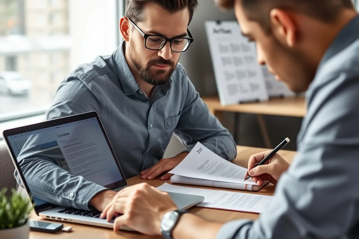 Product manager reviewing an AI-generated draft on a laptop while making notes on paper