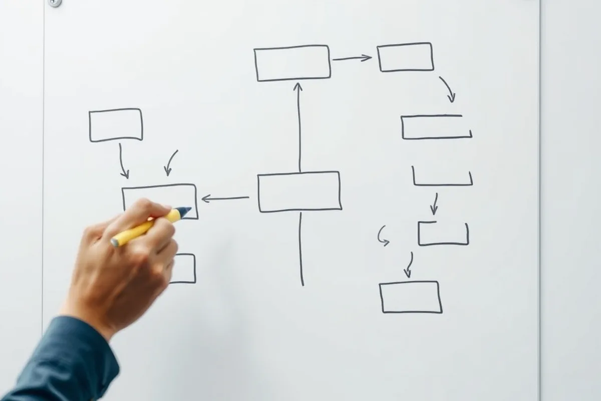Whiteboard with a hand-drawn business process flow of boxes and arrows
