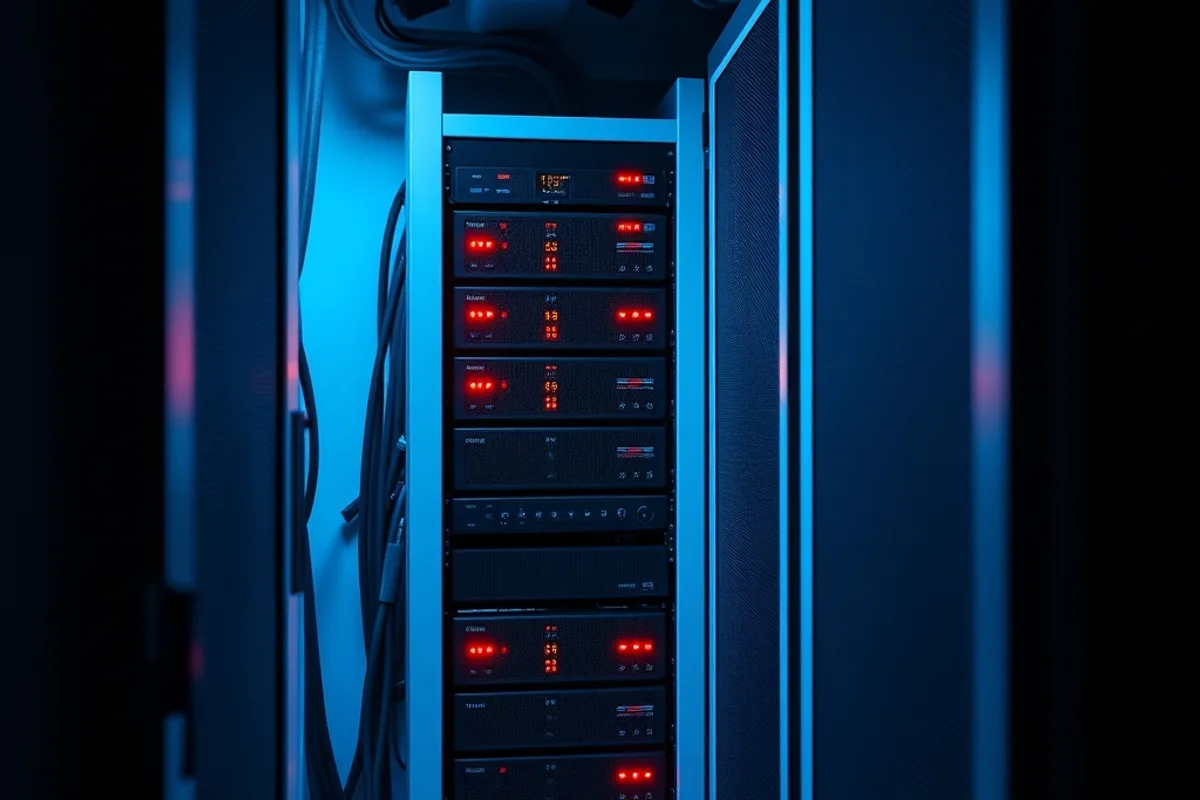 Compact server rack with blinking status lights in a small office closet