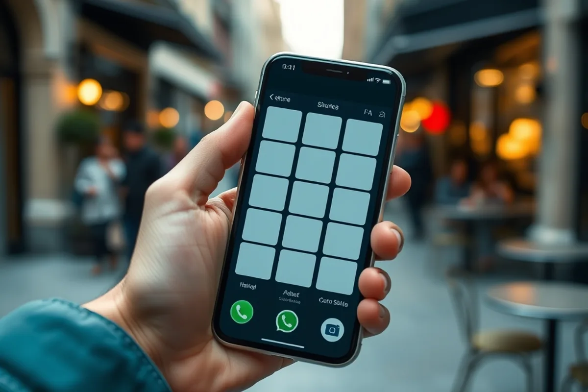 Hand holding a smartphone showing a grid of blank app icons in a city cafe