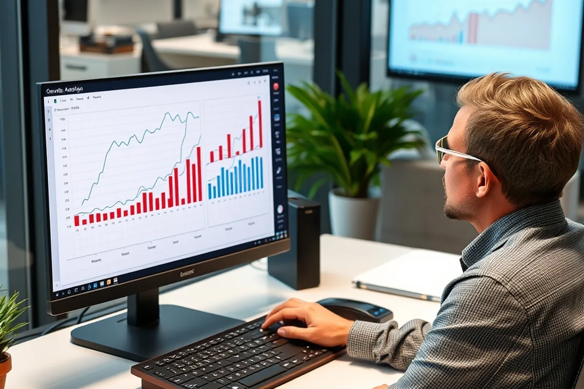 Growth analyst reviewing line and bar charts on a monitor at a modern desk