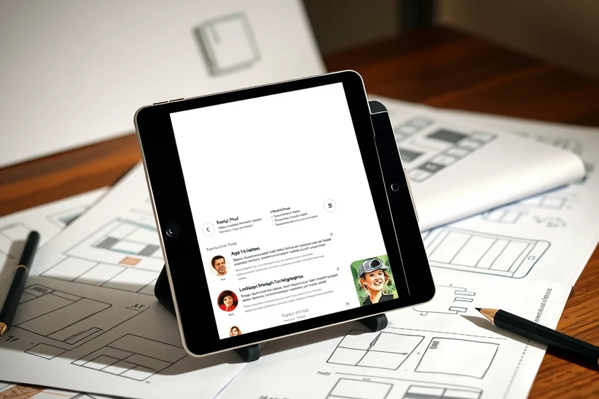 Tablet propped on a stand showing a blank app listing page surrounded by design sketches