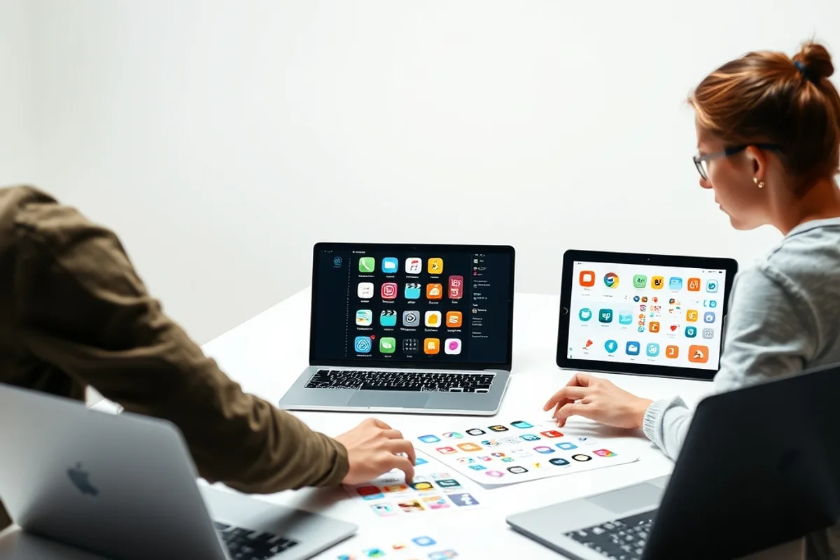 Two designers discussing colourful app icon sketches on a table with laptops open