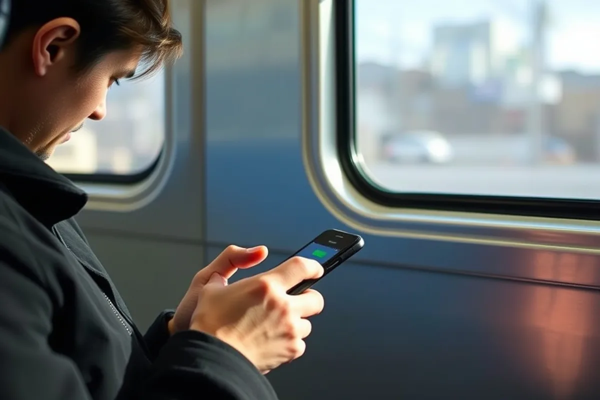 Person scrolling on a phone while commuting on a train in window light