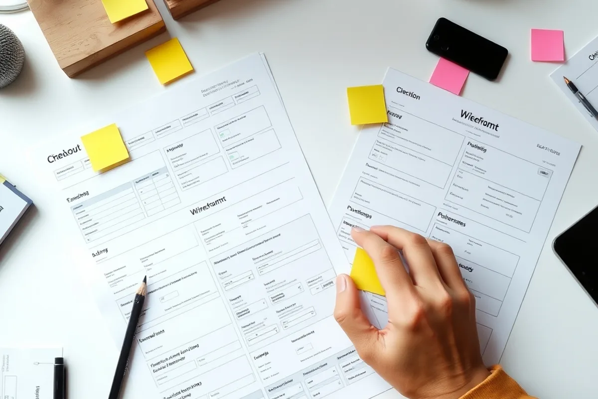 Printed checkout wireframes spread across a white desk with sticky notes and a pencil