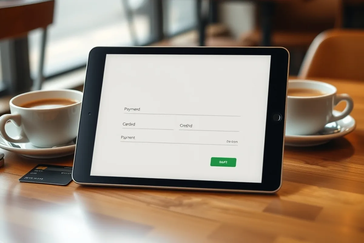 Tablet showing a simple payment page with a credit card and coffee on a cafe table