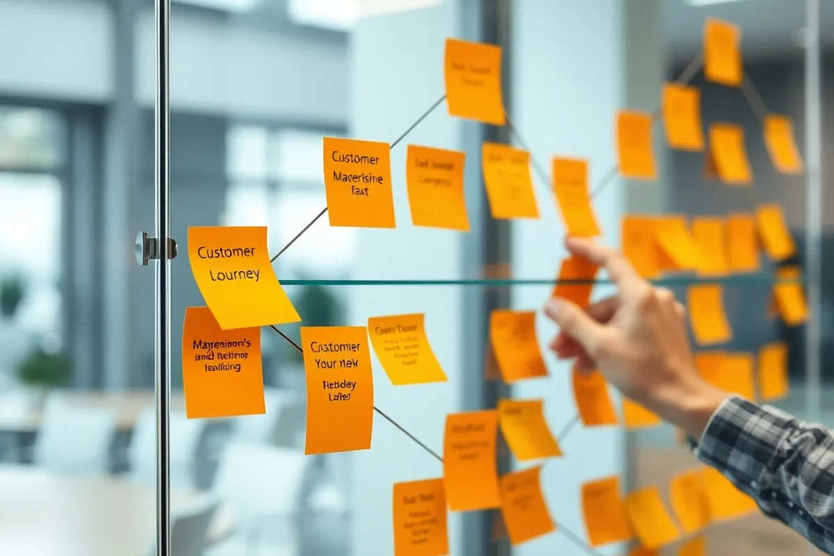 Glass wall covered with sticky notes forming a customer journey map in a modern office