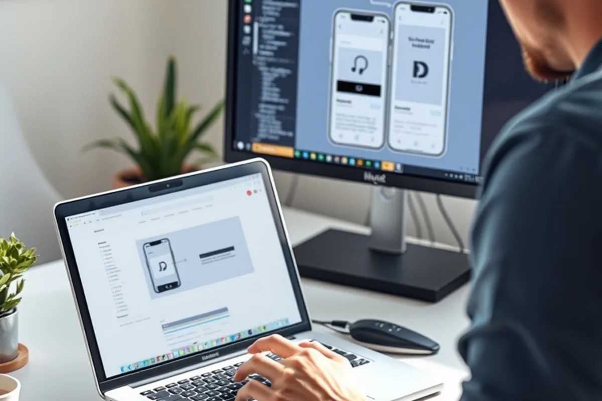 Developer coding on a laptop with an external monitor showing a mobile app layout