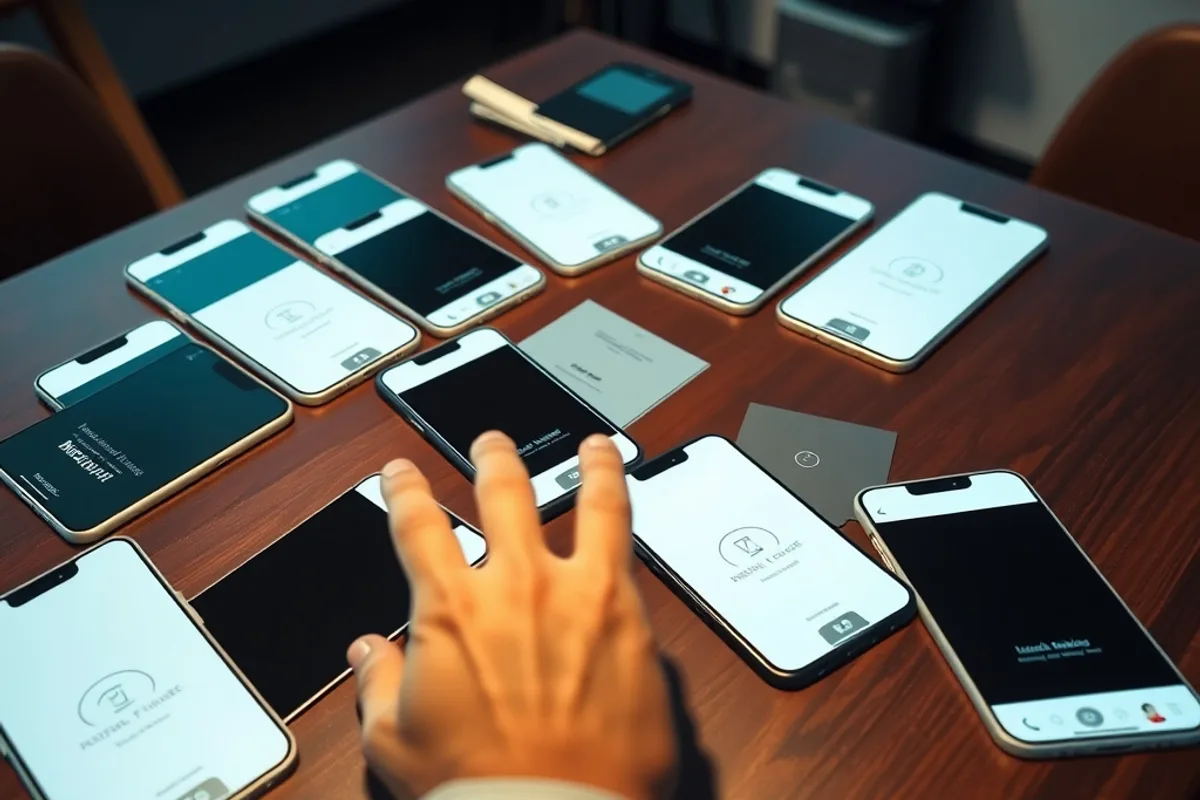 Printed mobile app screen mockups spread on a table with a hand pointing at one