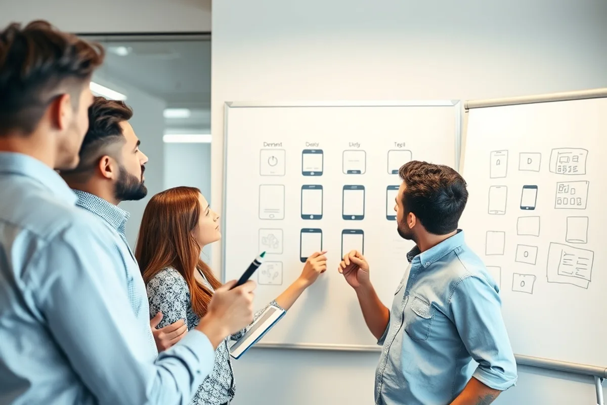 Mobile product team sketching app screens on a whiteboard in a bright office