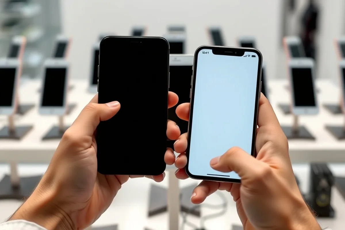 Tester holding two smartphones in a device lab with phones on stands in the background
