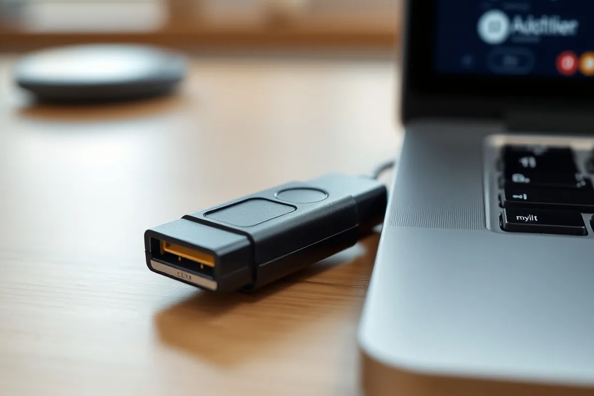 Small USB security key plugged into a laptop on a modern desk