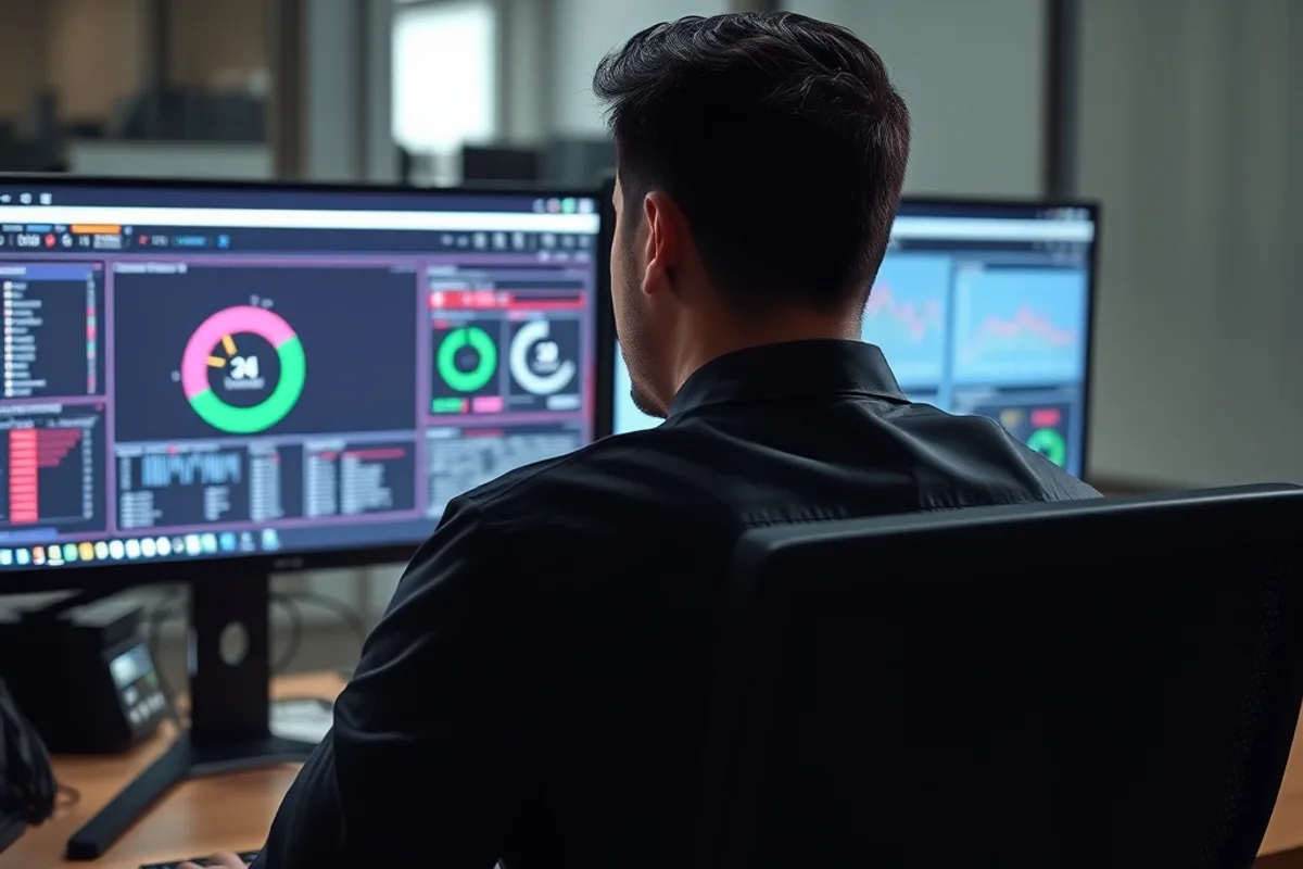 IT administrator at a workstation with two monitors showing security dashboards