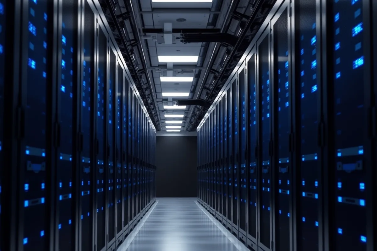 Data centre aisle with rows of black server racks and blue indicator lights