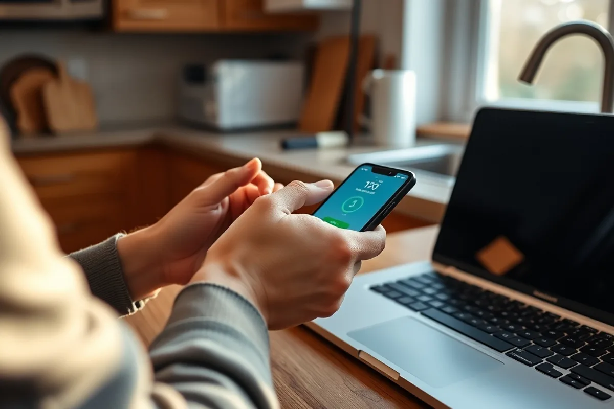 Person entering a passcode on a phone at a kitchen counter with a laptop nearby