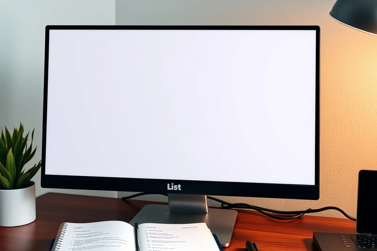 Desktop monitor showing a clean list interface with blank rows beside a notebook checklist