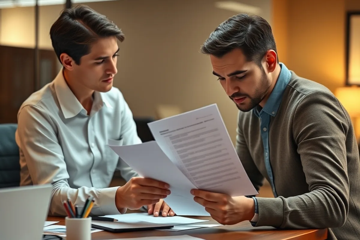 Two colleagues reviewing documents together at a shared desk with a printed checklist