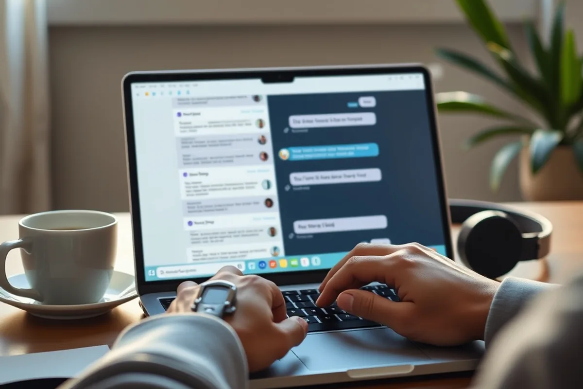 Person typing on a laptop with a chat interface visible on screen in soft evening light