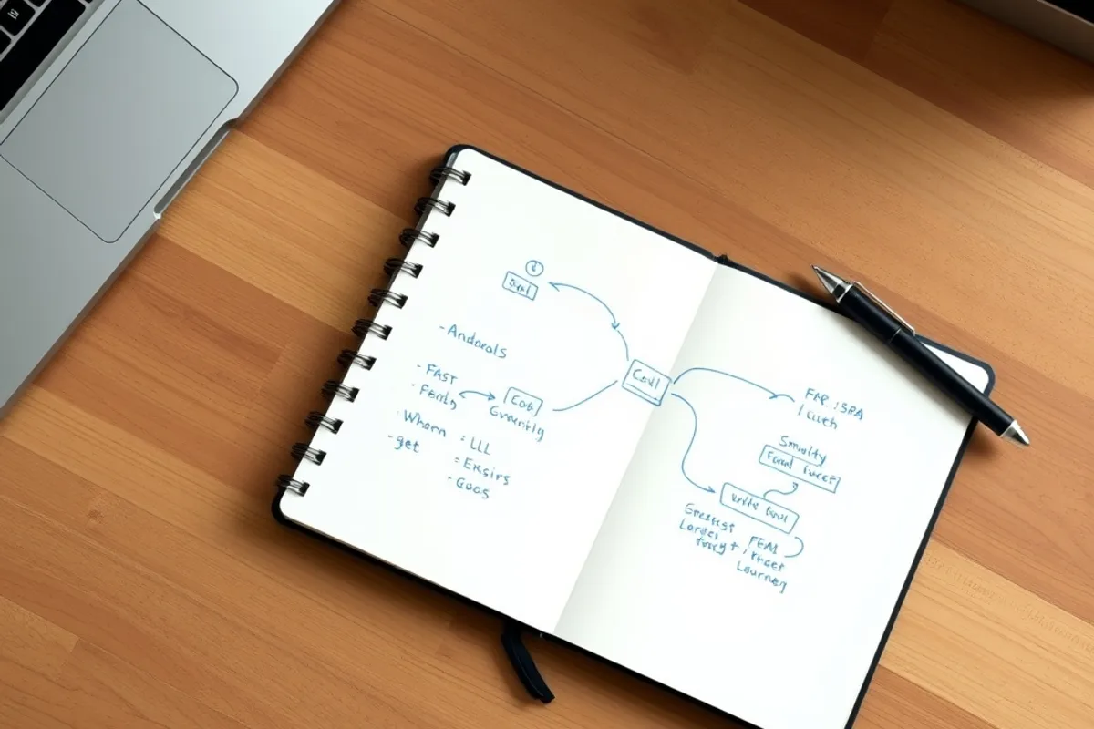 Open notebook with a hand-drawn flowchart in blue ink on a wooden desk