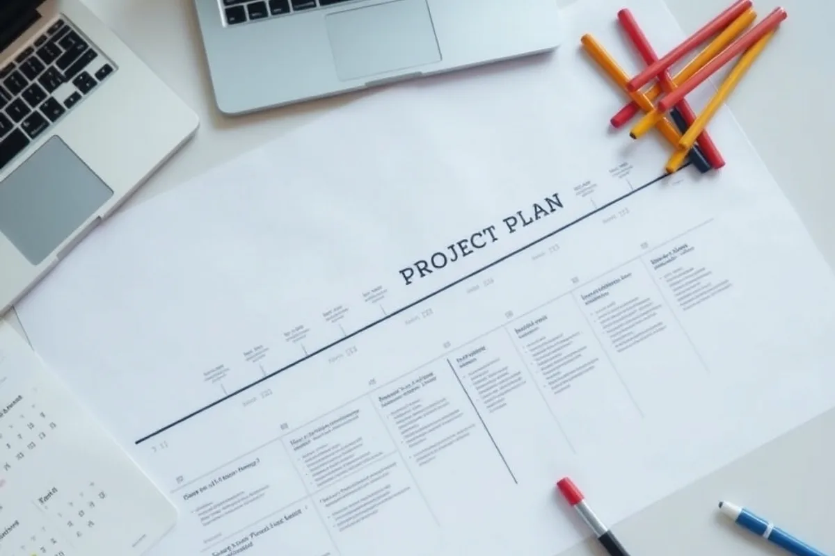 Project plan printed on paper with a timeline spread across a table with markers and a laptop