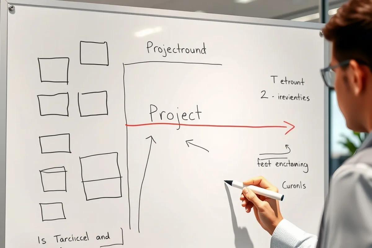 Whiteboard with hand-drawn project boxes, arrows and a boundary line being drawn