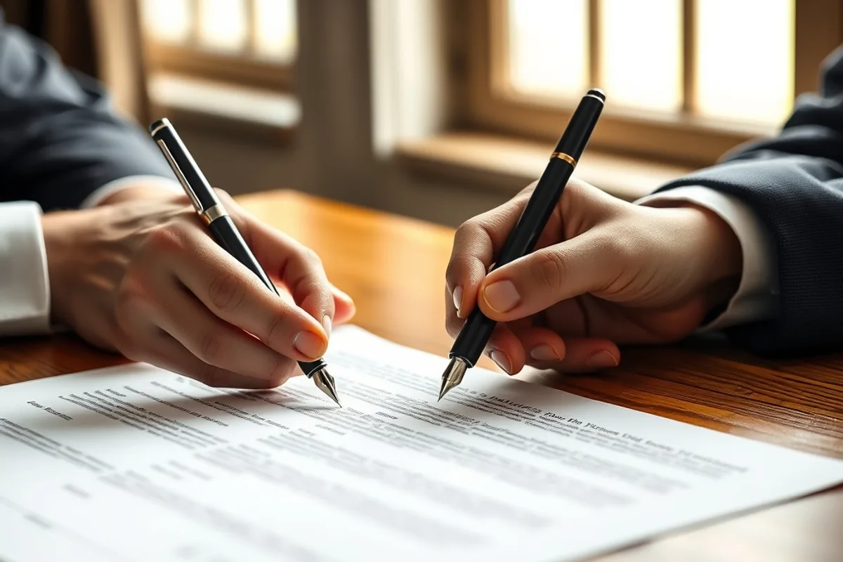 Contract document being signed with a fountain pen at a wooden table