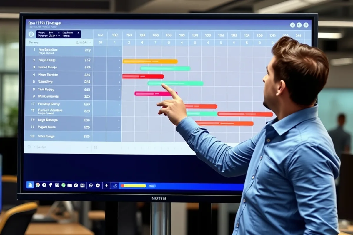 Gantt-style timeline with coloured bars on a large monitor being reviewed by a project manager