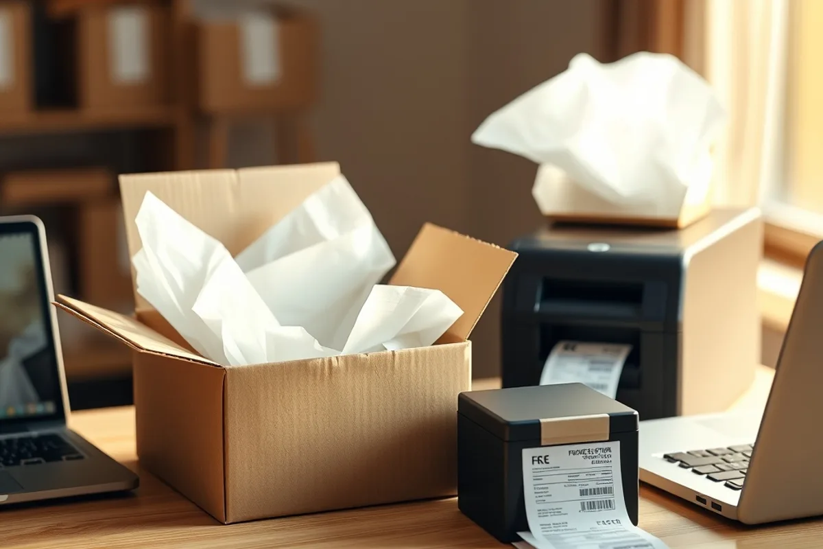 Packing station with cardboard boxes, laptop and label printer in a small online store