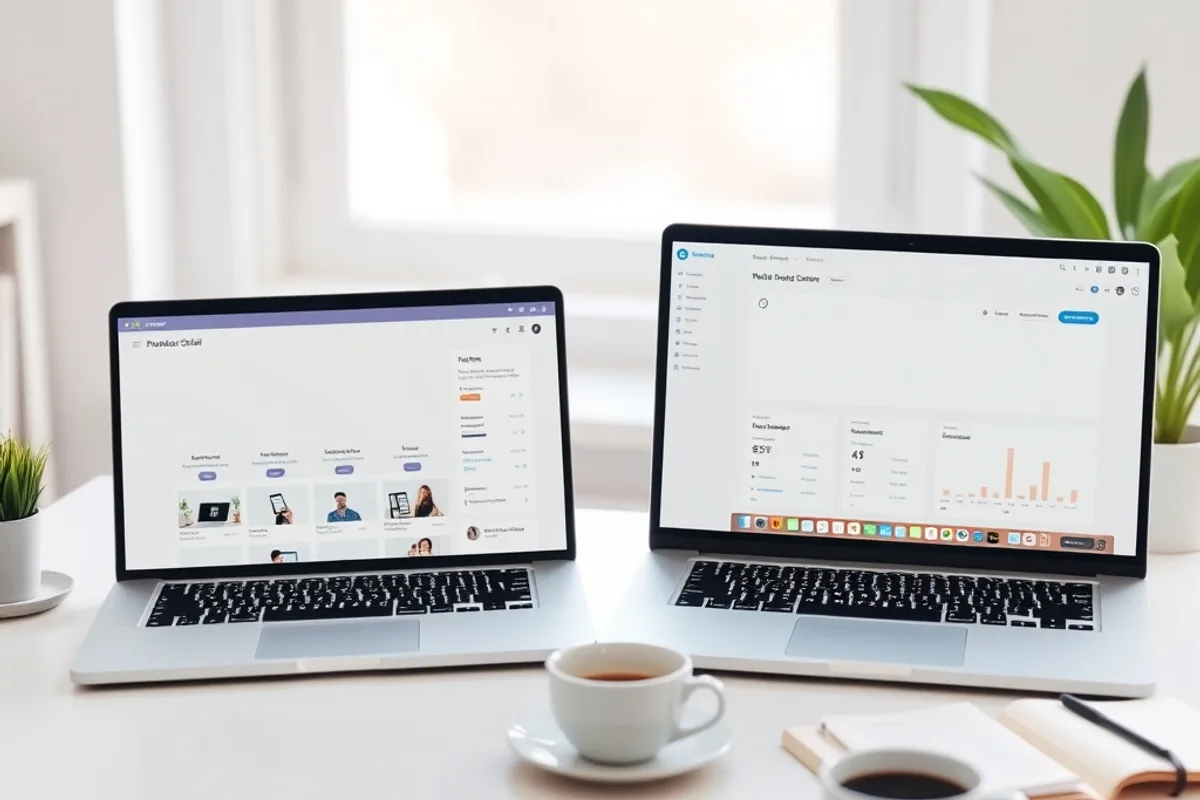 Two laptops side by side on a bright desk showing a product grid and a dashboard layout