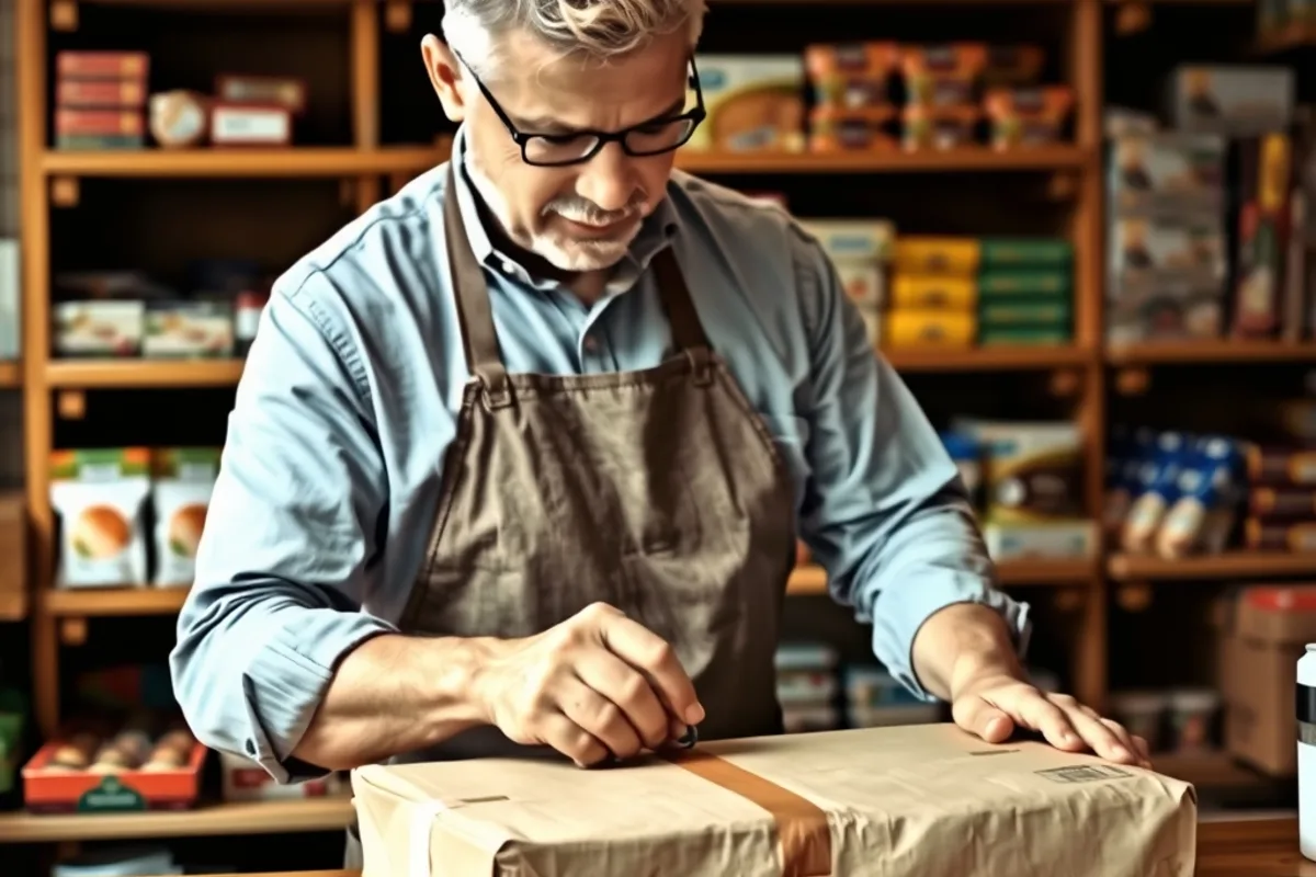 Shop owner sealing a cardboard parcel at a wooden counter with shelves of products behind