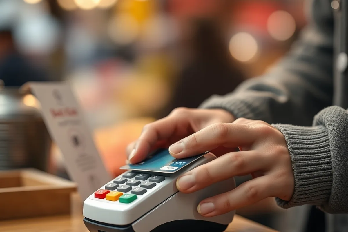 Close-up of a customer tapping a bank card on a card reader at a market stall