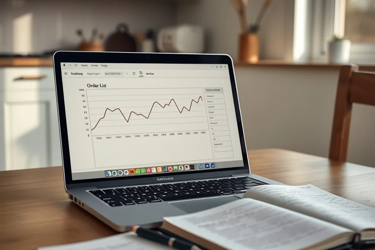 Laptop showing a simple line chart on a kitchen table with a notebook and morning light