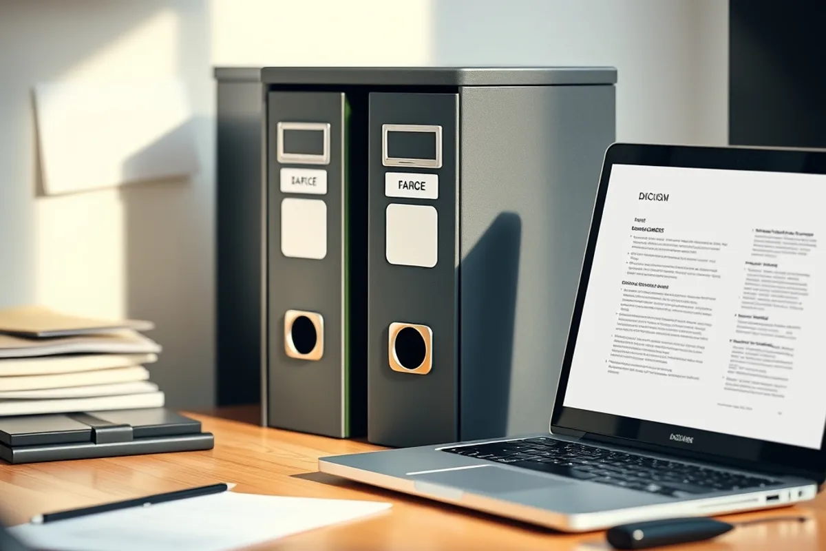 Small office filing cabinet with labelled folders beside a laptop on a tidy desk