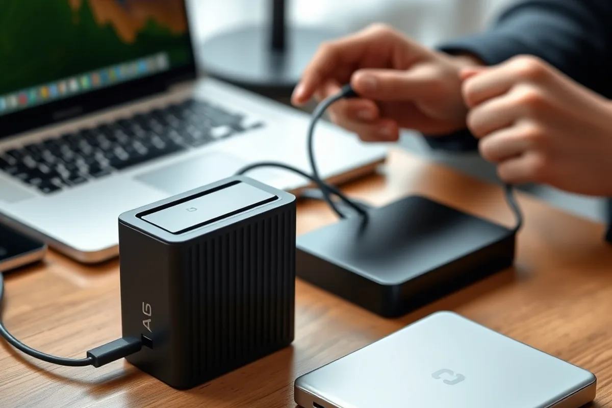 Two external backup drives and a laptop on a desk with hands connecting a cable