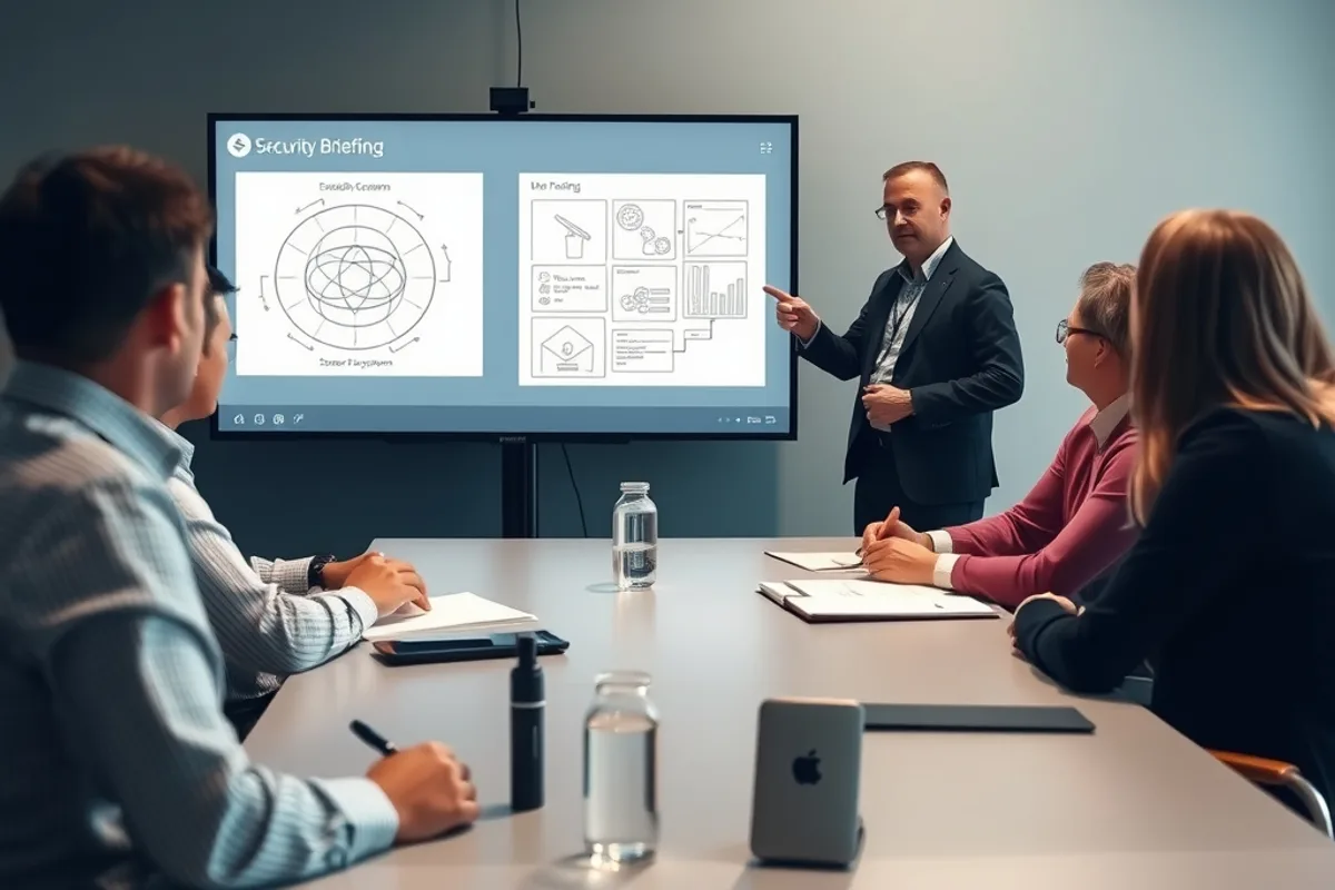Small team in a security briefing around a table with an abstract diagram on screen