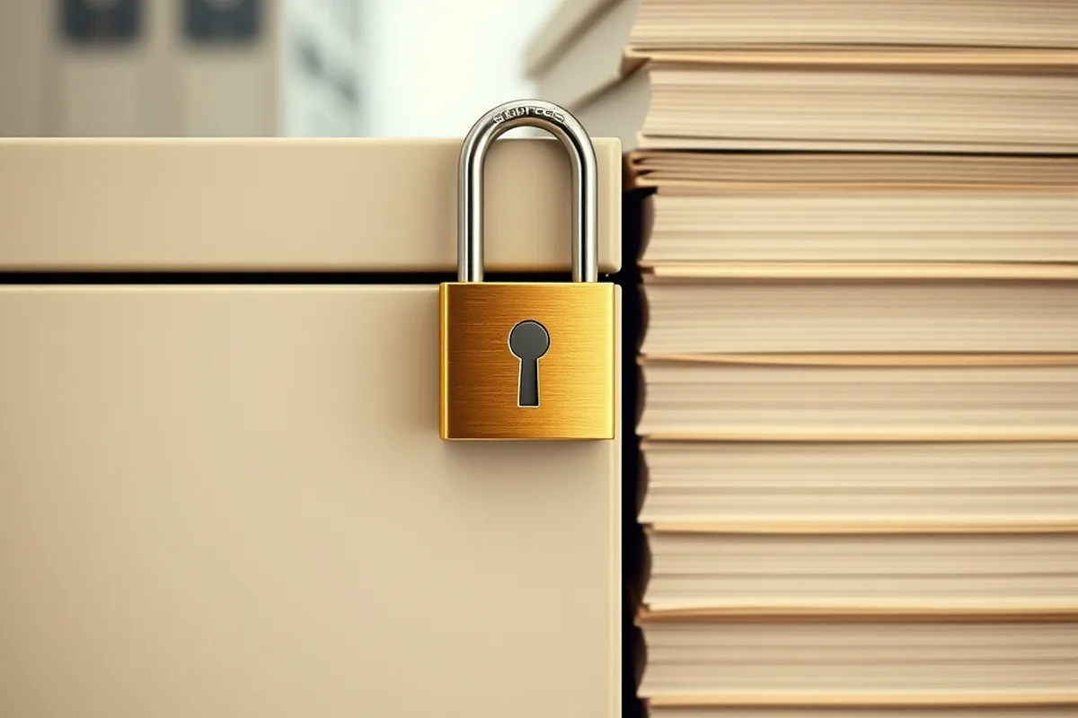 Brass padlock on a closed document drawer beside a stack of plain folders
