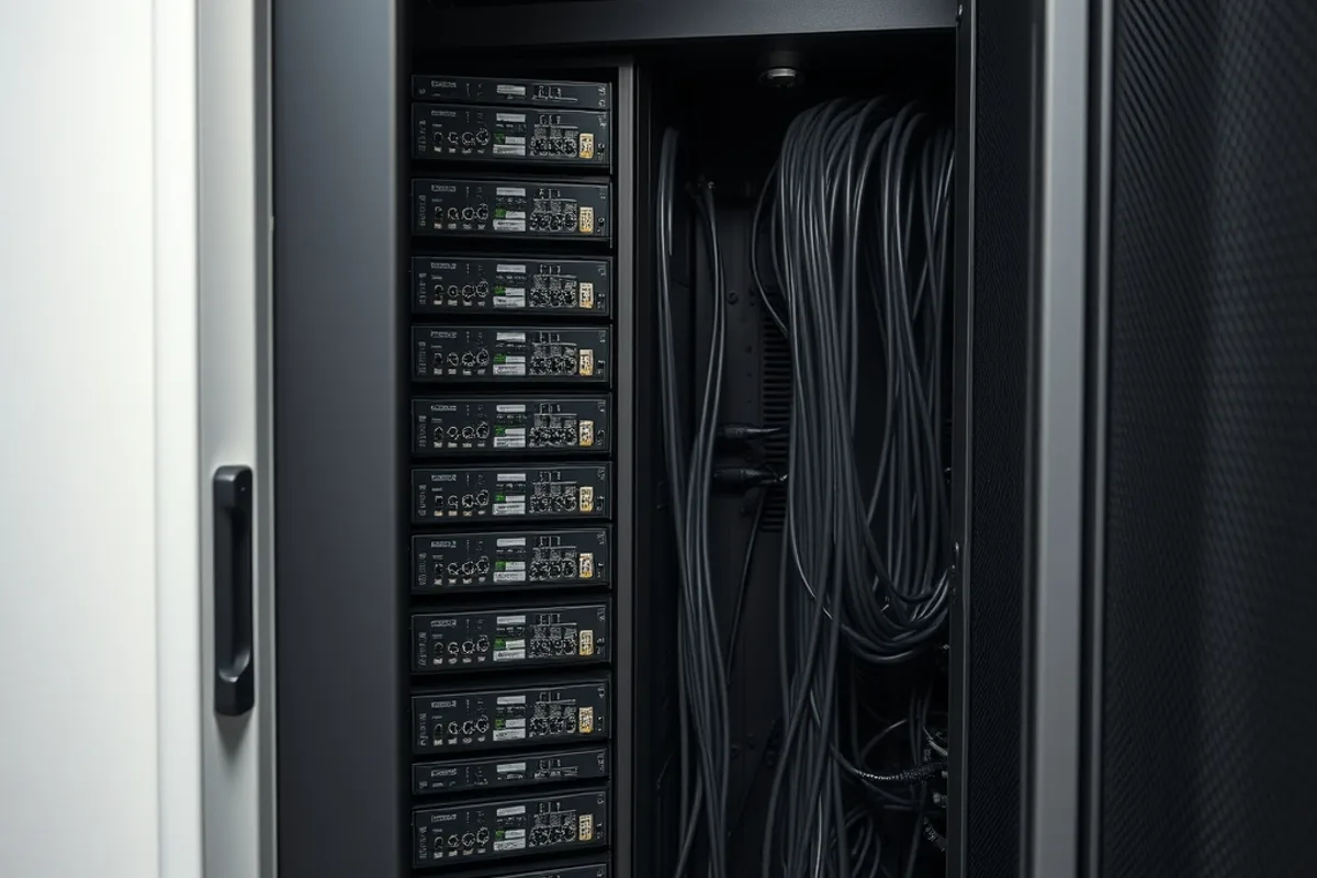 Server closet in a small business with a neatly cabled rack and cool lighting