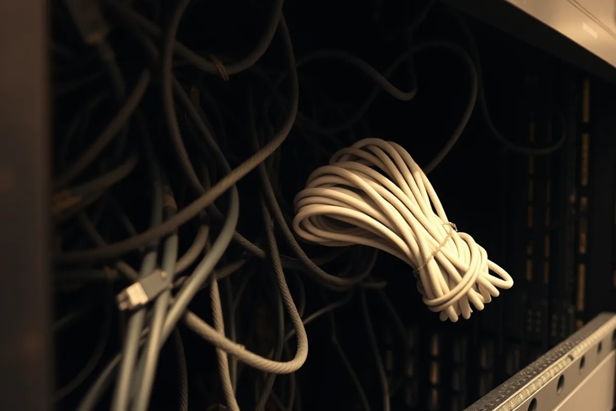 Tangled network cables in a server rack contrasted with one neatly bundled cable