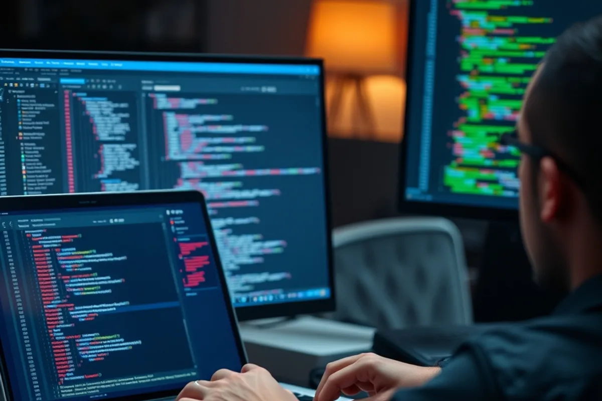 Developer refactoring code on a laptop with two monitors in a late-evening office