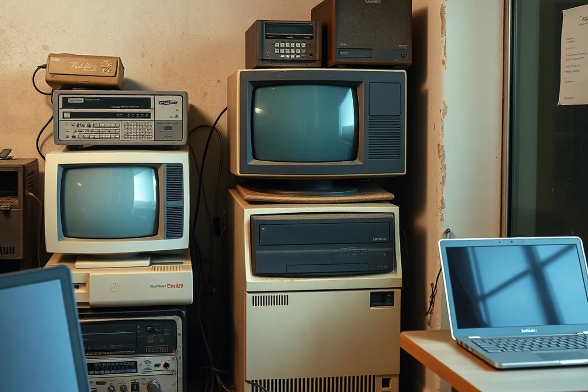 Old desktop computer stored beside modern laptops in a dusty back office