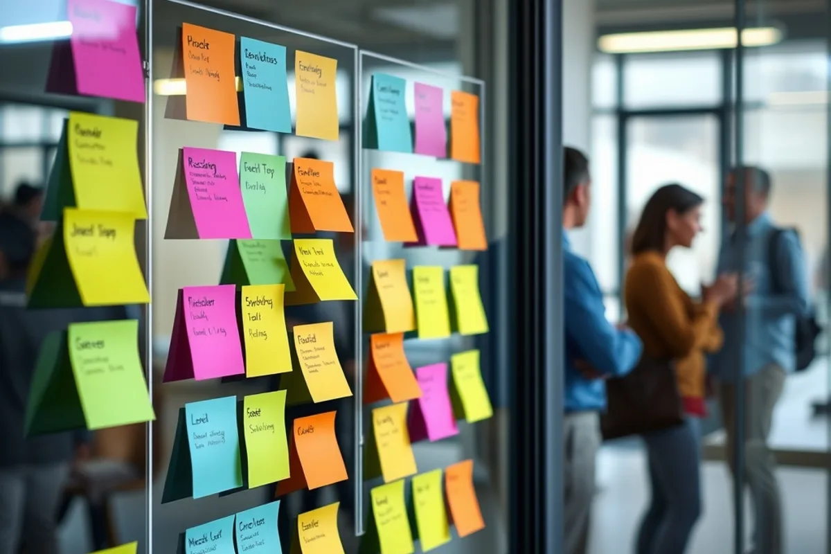 Sprint board with coloured sticky notes in columns on a glass wall with team members in the background