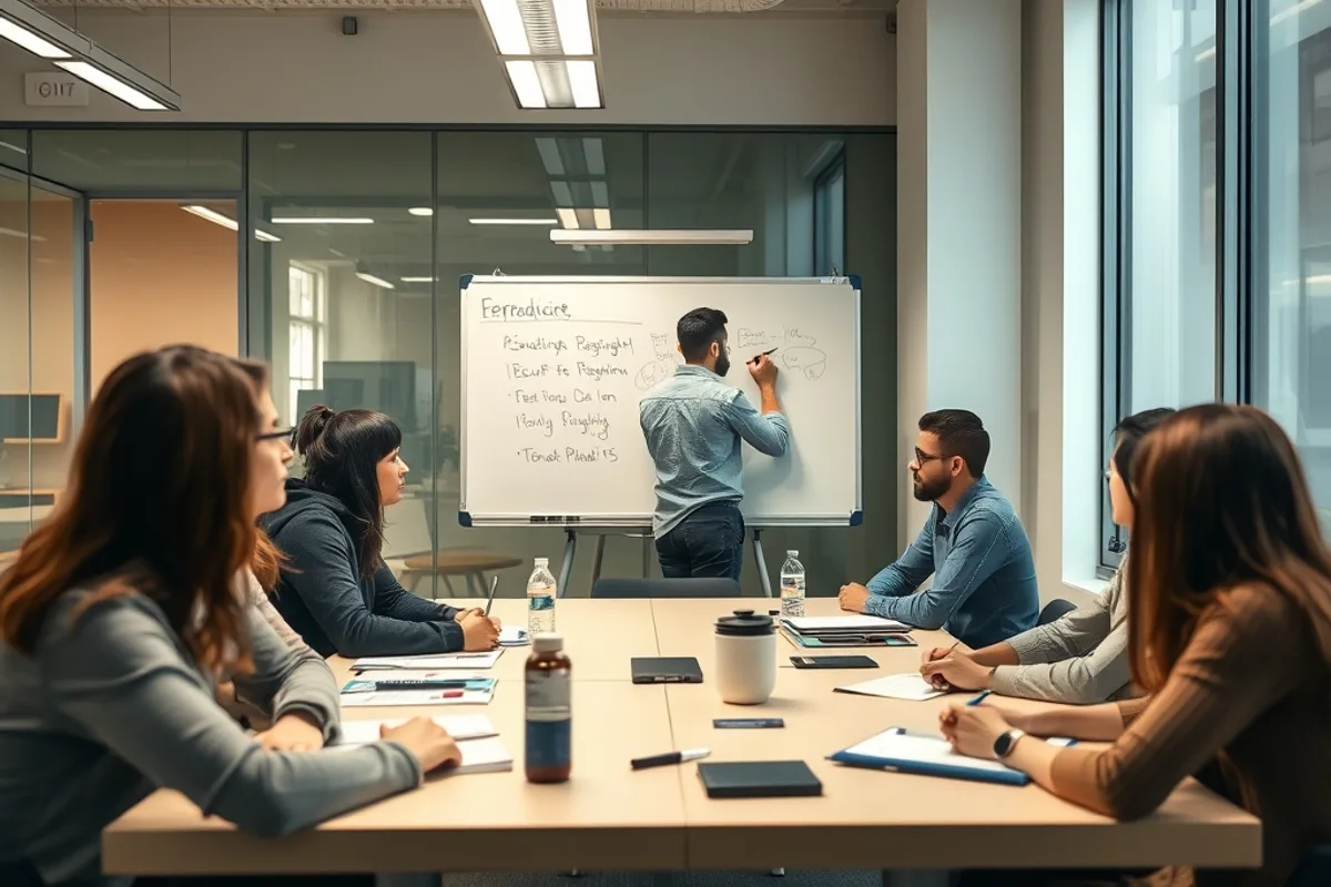 Engineering team in a retrospective meeting around a table with one person writing on a whiteboard